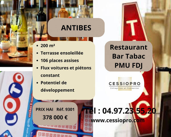 Vente Fonds de commerce restaurant - bar - tabac - pmu - loto 200 m² Antibes (06160)