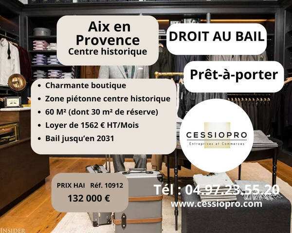 Vente Fonds de commerce cession de droit au bail 60 m² Aix-en-Provence (13090)