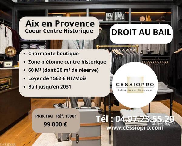 Sale Business cession de droit au bail 60 m² Aix-en-Provence (13090)
