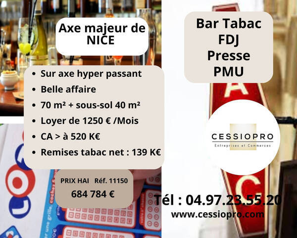 Vente Fonds de commerce tabac - bar - pmu - presse - loto 70 m² Nice (06100)