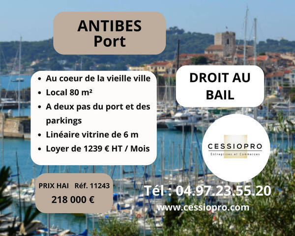 Vente Fonds de commerce cession de droit au bail 80 m² Antibes (06160)