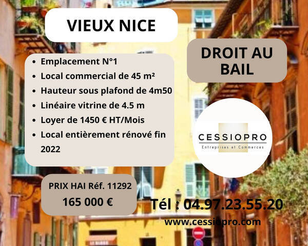 Vente Fonds de commerce cession de droit au bail 45 m² Nice (06300)
