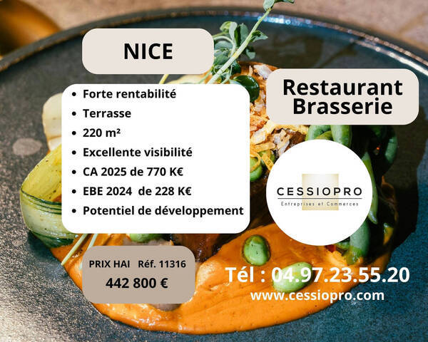 Vente Fonds de commerce brasserie - restaurant 221 m² Nice (06000)