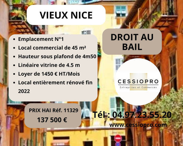 Vente Fonds de commerce cession de droit au bail 45 m² Nice (06300)