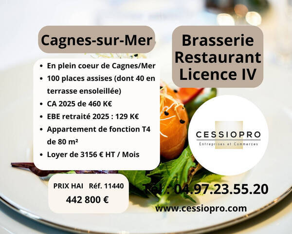 Vente Fonds de commerce brasserie - restaurant 120 m² Cagnes-sur-Mer (06800)