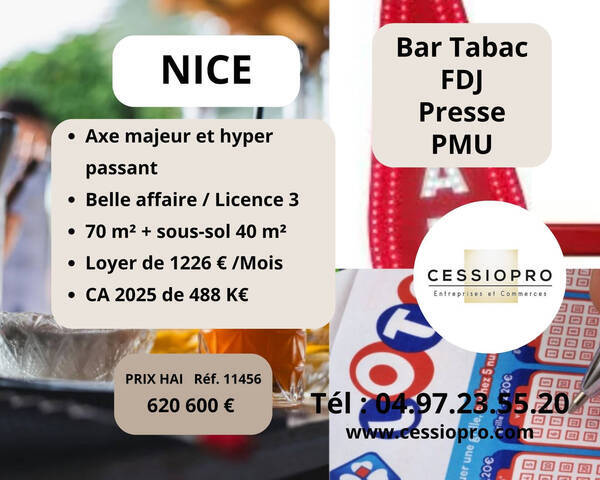 Vente Fonds de commerce tabac - bar - pmu - presse - loto 70 m² Nice (06100)